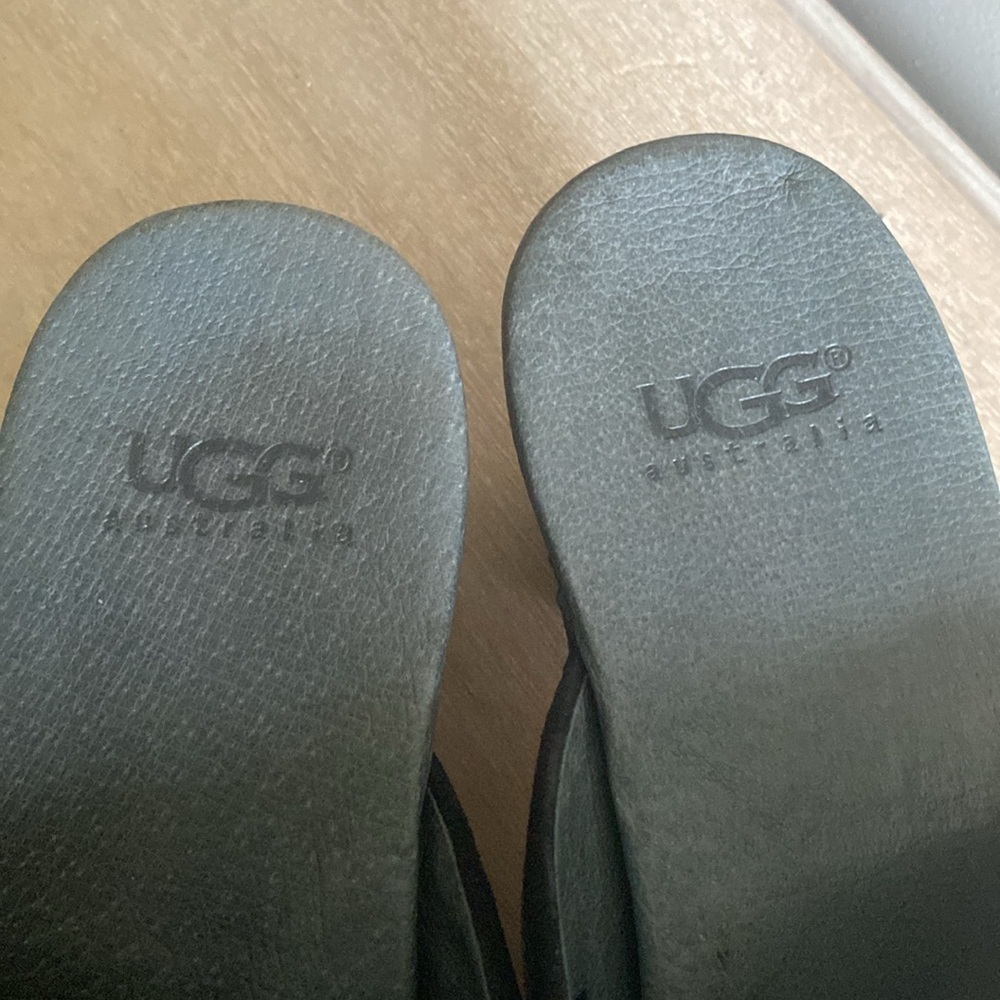 UGG Black Suede Mules with Tan Wooden Heel - Picture 3 of 13